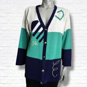 Vintage Tan Jay Tacky Green, Blue Colourblock Button Cardigan Size M